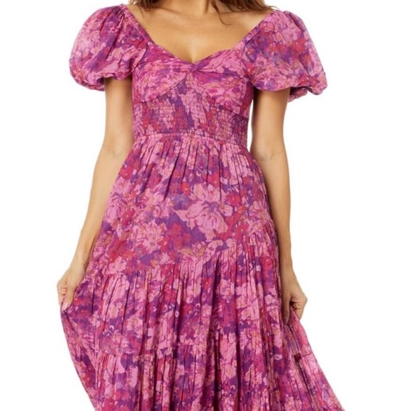 Free People Dresses & Skirts - Free People Pink & Purple Floral Puff-Sleeve Tiered Maxi Dress